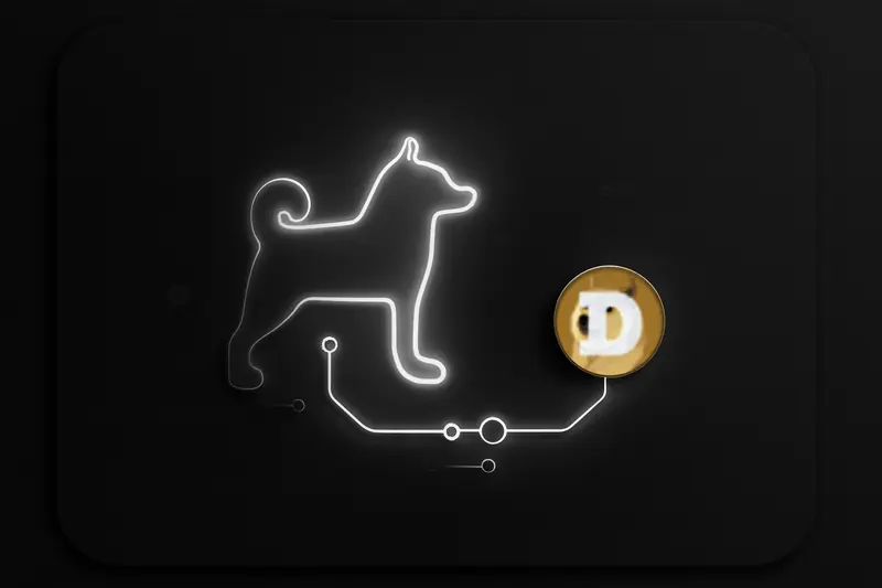 Glowing neon dog silhouette surges upward through dark circuit lines, with scattered coin-like sparks on a black background.