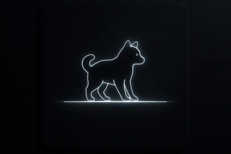 Neon dog silhouette poised on a thin glowing horizontal line, surrounded by swirling liquid light and dark grid patterns.