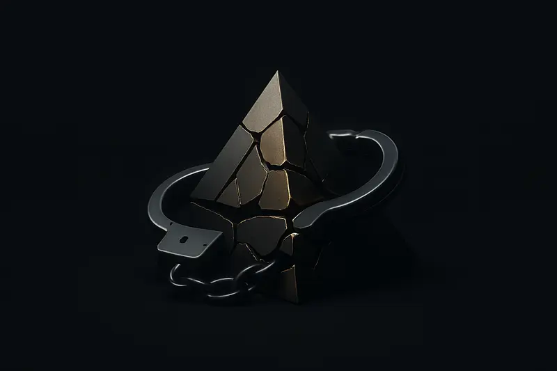 On a black background, a fractured gold pyramid crumbles into glowing coins while translucent neon handcuffs clamp around it.
