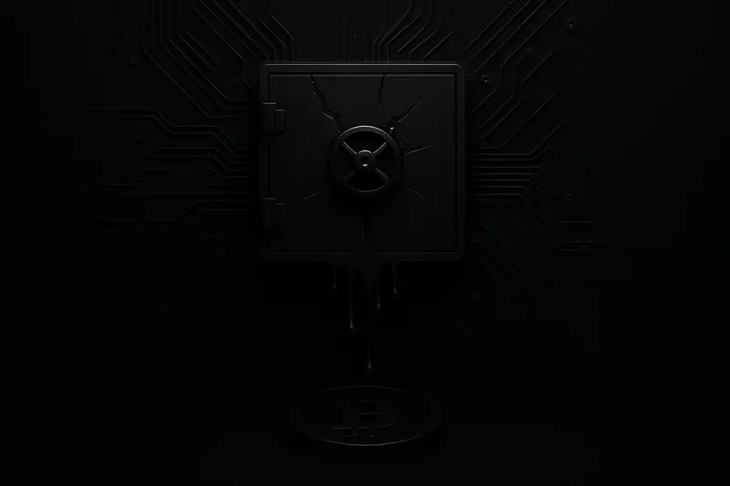 Cracked black circuit-board vault leaking glowing data droplets into a dark coin-shaped void on a smoky background.