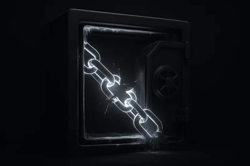 Black background with a crystalline vault holding frozen glowing coin-like orbs, while broken luminous chain links scatter outward.