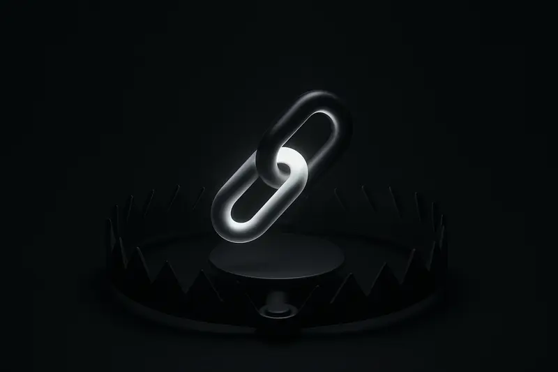 A single neon chain link snapped and clamped in a heavy steel bear trap, glowing on a black, smoky background.
