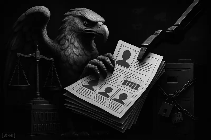 A grim eagle statue guards voter files as a scanner arm extracts records in a dark government chamber with justice scales and surveillance imagery.