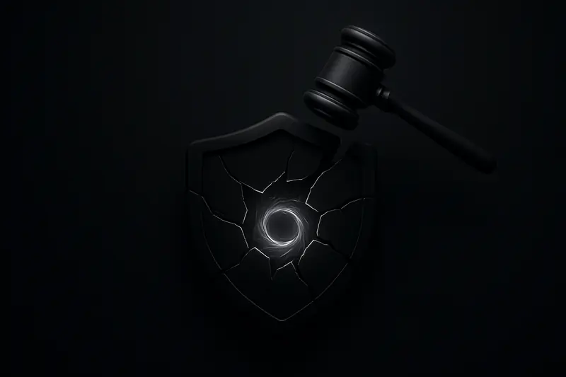 A cracked black glass shield encircling a dim violet vortex, with faint courthouse silhouette shadows on a deep charcoal background