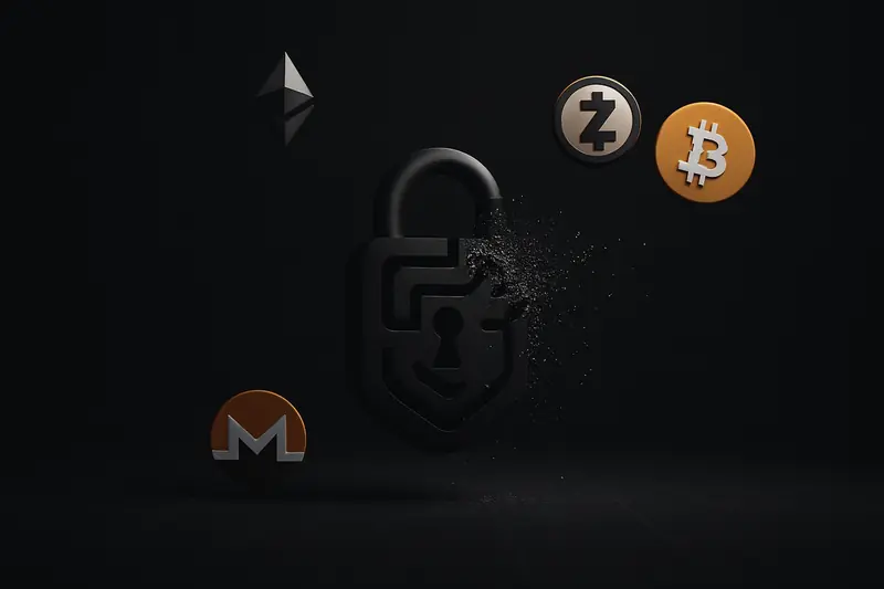 Black background with a cracked metallic padlock shaped like a maze, encircled by faint swirling particles and cold blue highlights.