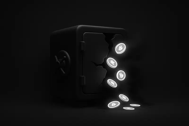 A dark steel vault with a broken door, faintly glowing coins spilling into smoky black mist on a matte background.