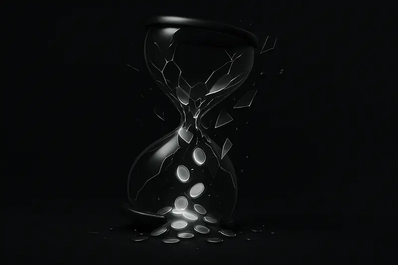 Cracked glass hourglass on a black background, glowing coins and red shards cascading downward like a sudden collapse.