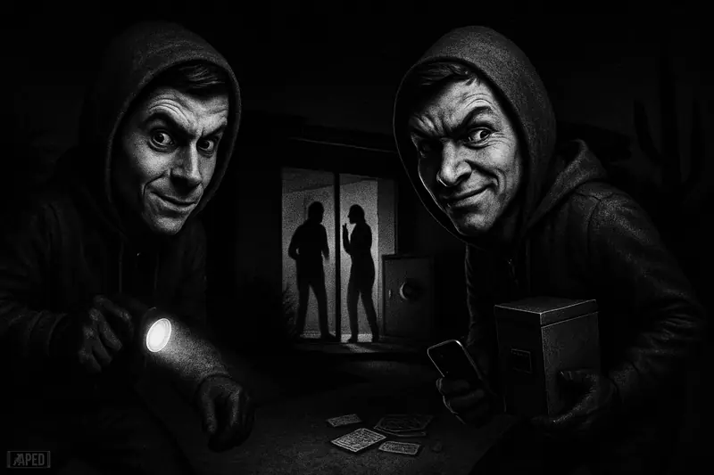 Two teen intruders creep toward a luxury desert home while a frightened couple stands inside beside a safe and crypto wallet items.