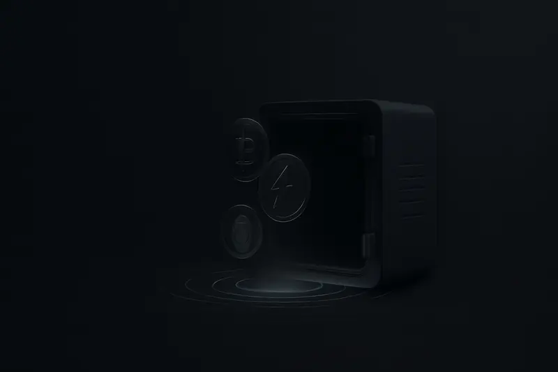 In a dark void, a cracked obsidian vault releases neon-gold coin rings that ripple outward like sonar pulses.