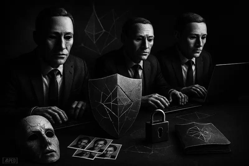 Three disguised remote developers work at desks amid masks, identity fragments, and security symbols in a dark grayscale cyber-threat scene.