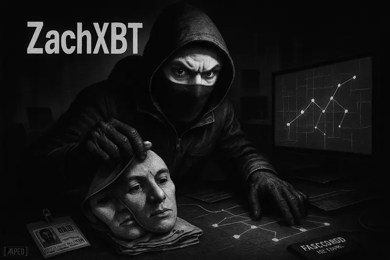 Masked investigator ZachXBT studies fraudulent identities and blockchain clues at a dark desk, with empty remote workstations behind him.