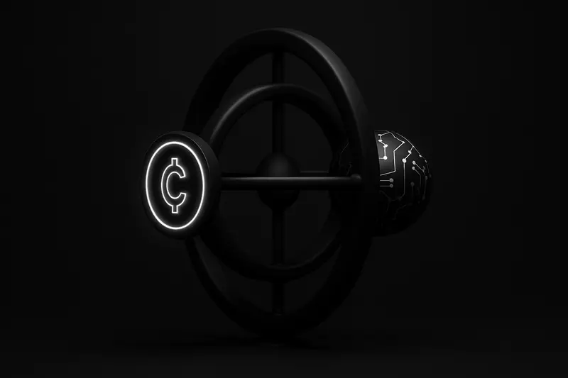 On a black background, a metallic gyroscope holds two glowing spheres—one coin-like, one circuit-patterned—trading light along an orbit.