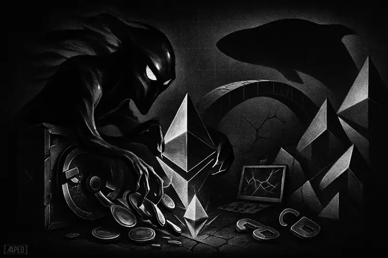 A shadowy phantom hoards crystalline crypto wealth beside a fractured bridge, with broken locks and a whale-like menace in grayscale darkness.