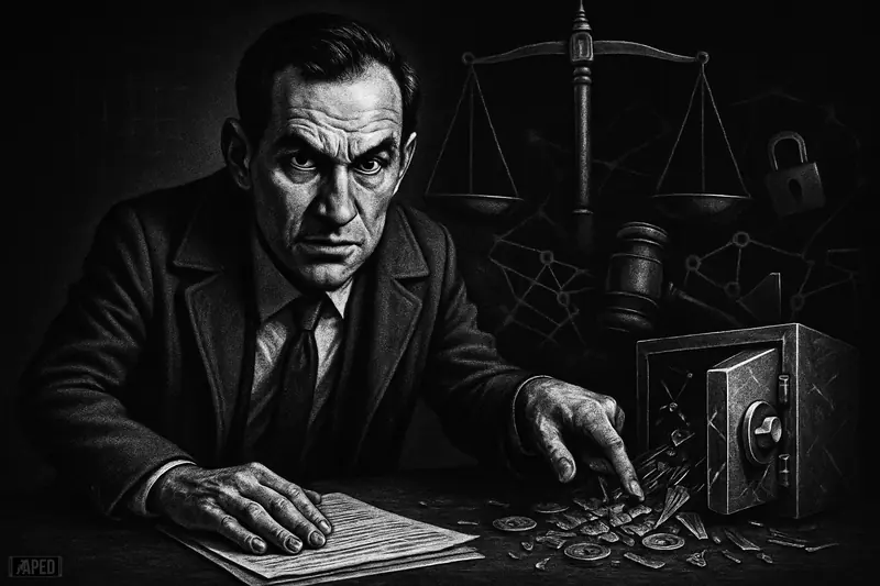 Ariel Givner in a dark courtroom-like scene studies a shattered vault and broken digital security symbols under dramatic monochrome lighting.
