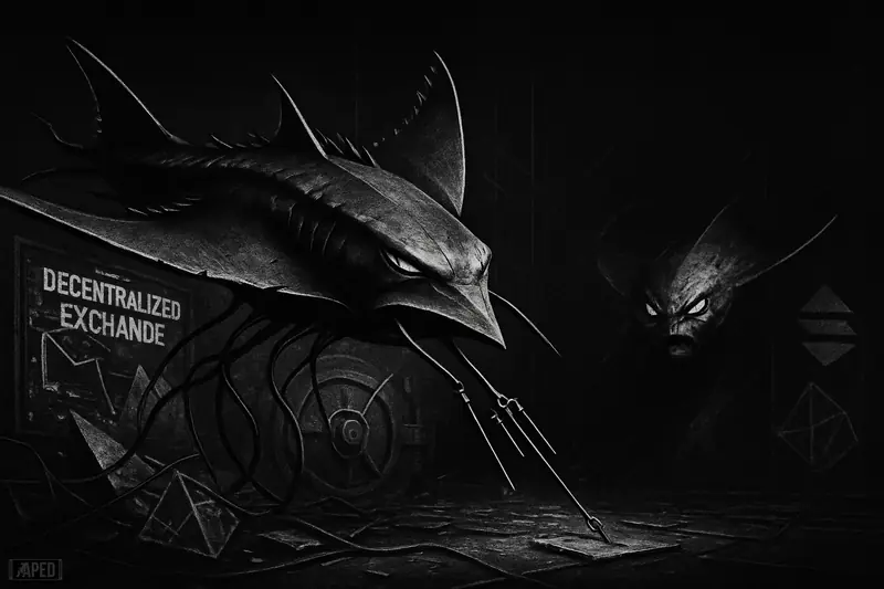 Two menacing mechanical sea-creatures breach a shattered crypto vault amid broken network structures in a dark grayscale cyberattack scene.
