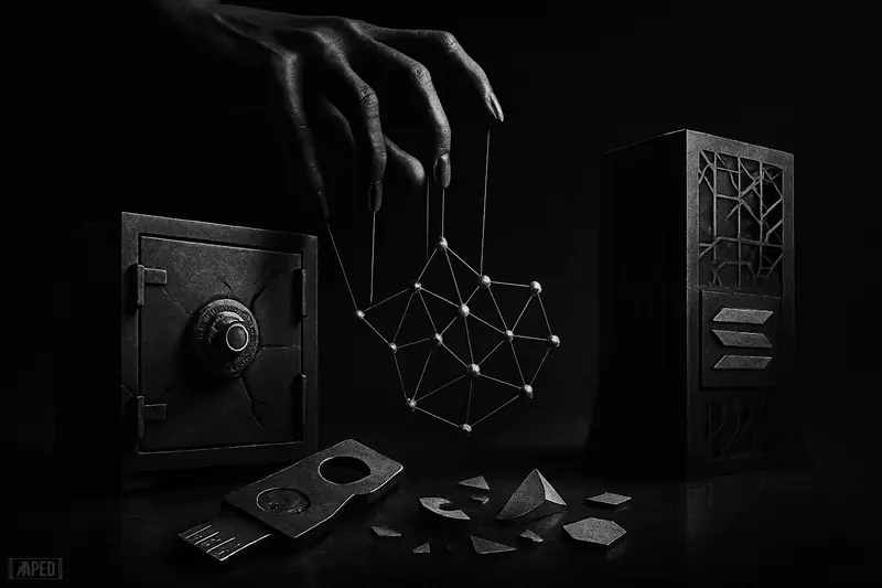 A ghostly hand manipulates a broken vault and fractured network nodes in a dark grayscale scene symbolizing a DeFi hack.