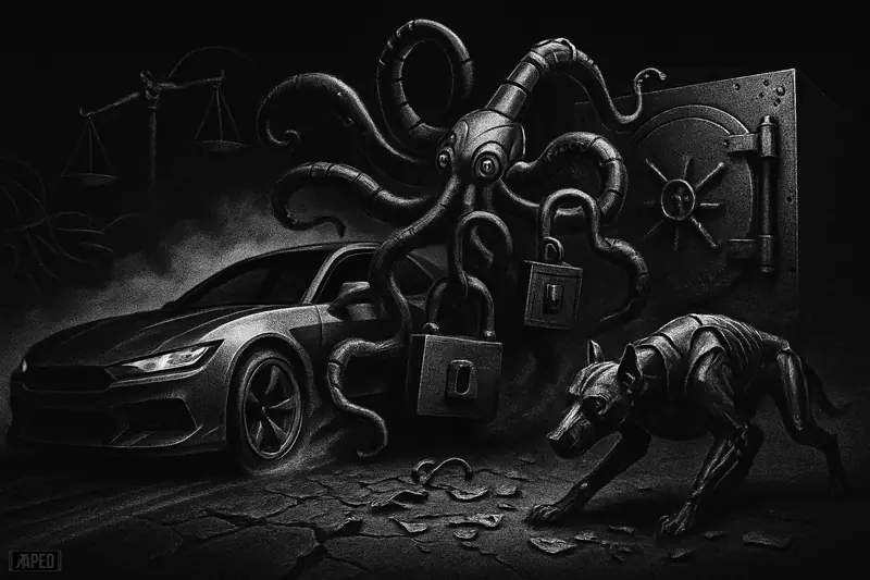 A skidding race car battles a mechanical octopus beside a tracking hound in a shattered vault, all in stark grayscale.