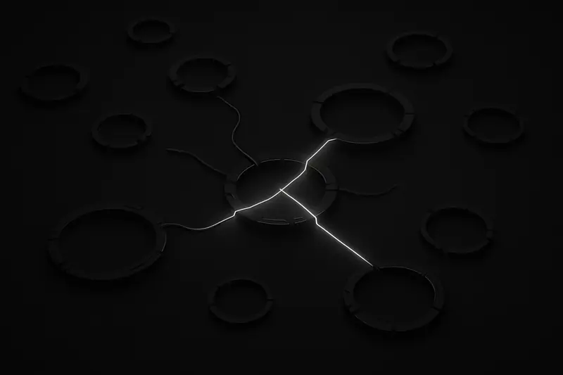 Floating broken neon circuit loops on a black background, gradually snapping together into one seamless glowing ring network.
