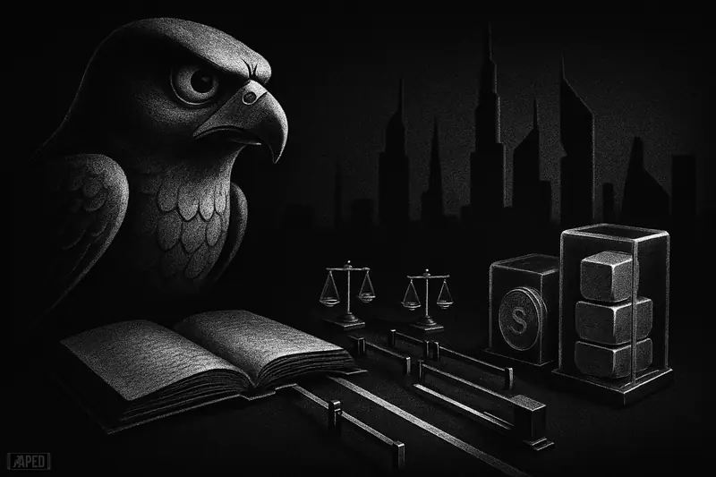 A stern falcon statue towers over ledgers, scales, and sealed token objects before a dark Dubai skyline in monochrome grayscale.