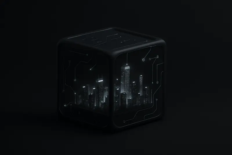 Neon-lit skyline inside a transparent cube, surrounded by a glowing ledger grid and orbiting token-like tiles on black.