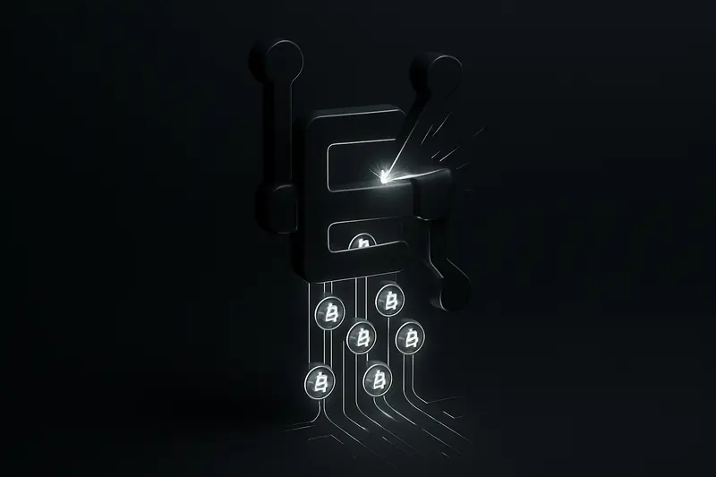 Dark skyline silhouette with a luminous geometric gate closing on flowing neon coin-like particles against a black, high-tech background
