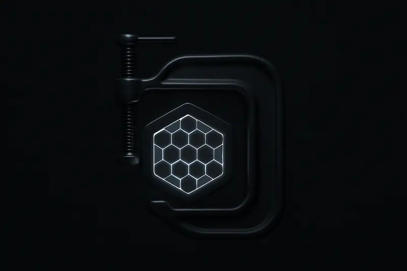 Glowing neon hexagonal grid inside a dark steel clamp, with faint orange warning glow on a black background