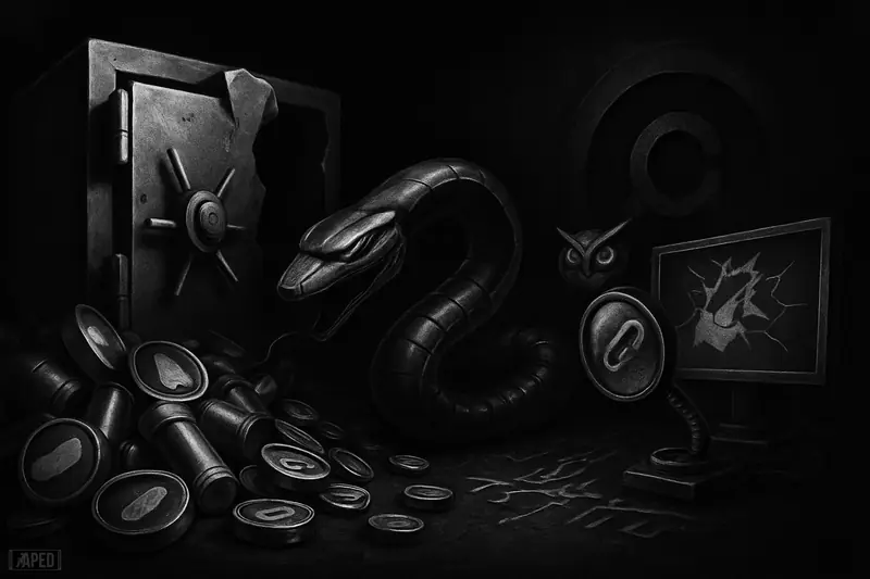 A shattered vault spills capsule-like liquidity lockers as a mechanical serpent steals through a dark forensic crypto scene.