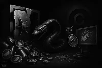 A shattered vault spills capsule-like liquidity lockers as a mechanical serpent steals through a dark forensic crypto scene.
