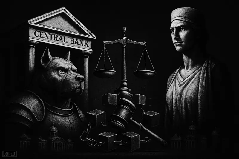 A grayscale dark editorial scene shows towering bank and regulator symbols dominating scales, chains, and smaller national buildings under moody lighting.