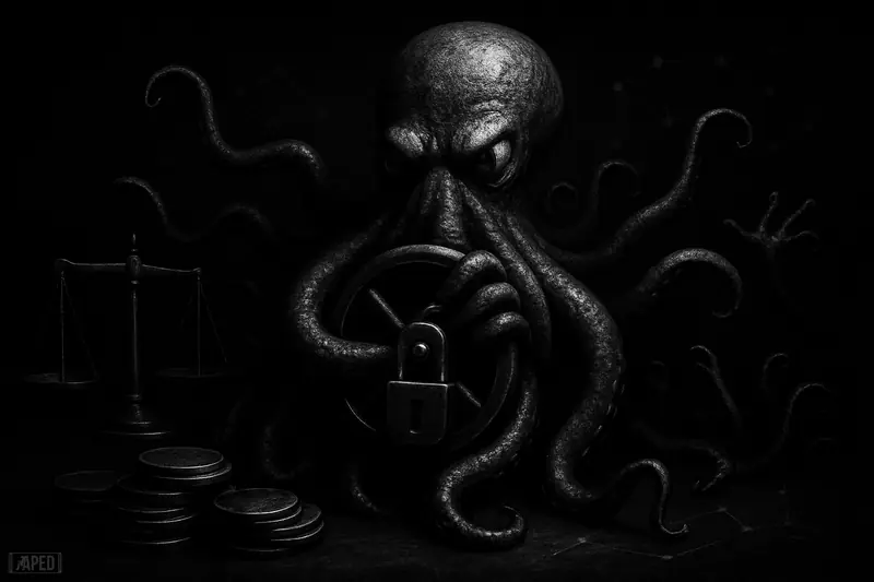 A grayscale mechanical octopus dominates a dark chamber, with clustered tentacles controlling a central wheel while weaker outer limbs reach from the shadows.