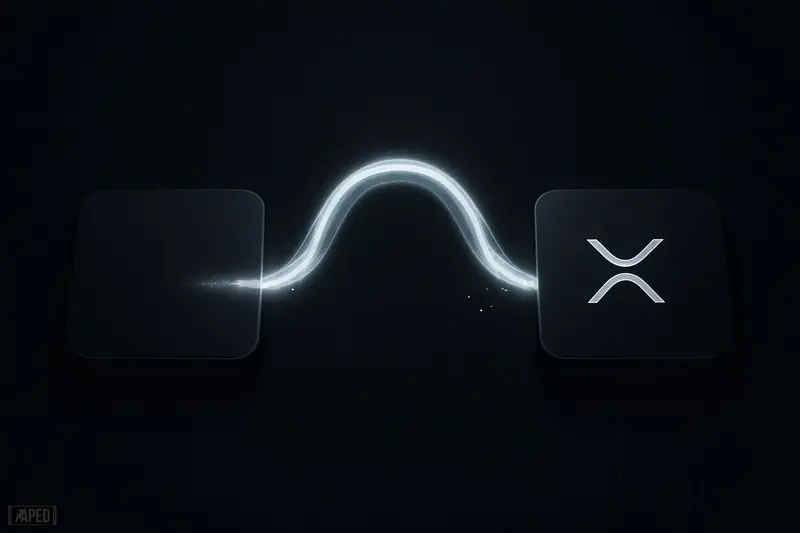 Glowing liquid bridge linking two dark metallic ledger blocks against a black futuristic background