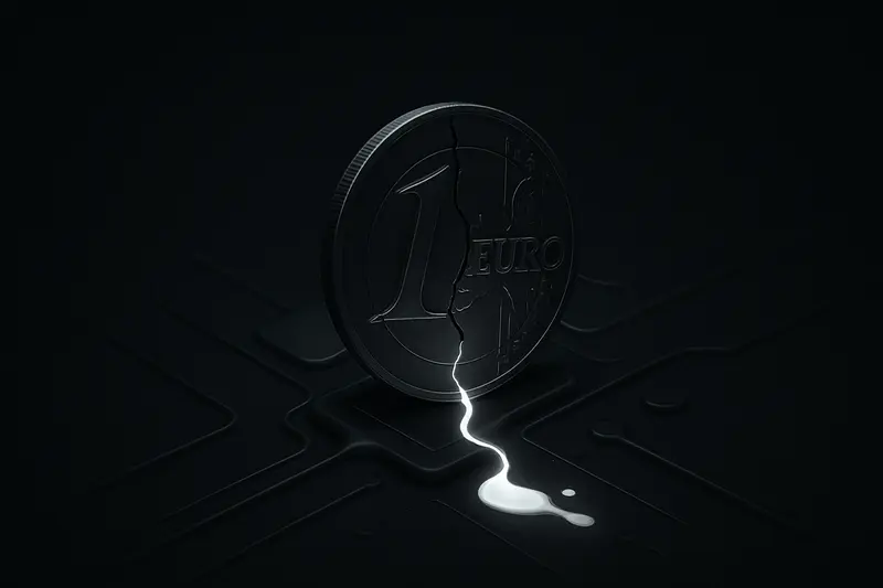 Cracked euro coin glowing at the edges, dripping bright liquid into a black circuit-board pool with cold blue highlights.