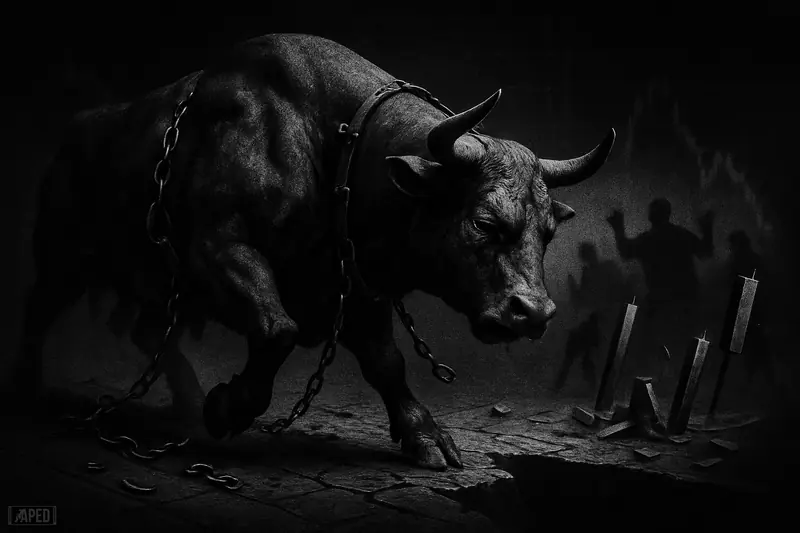 An exhausted exaggerated bull slips toward a dark drop as shadowy traders recoil among collapsing market structures in grayscale.
