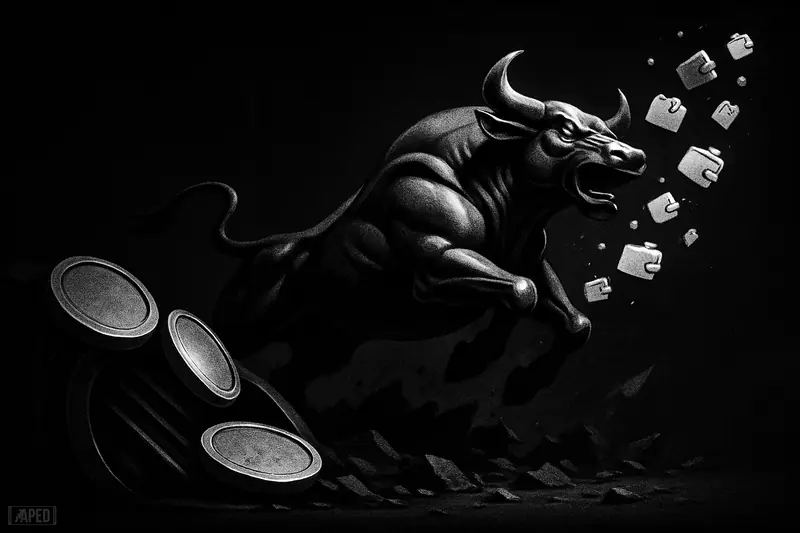 A fierce grayscale market beast surges upward as token discs are pulled into a furnace and wallet shapes multiply in the darkness.