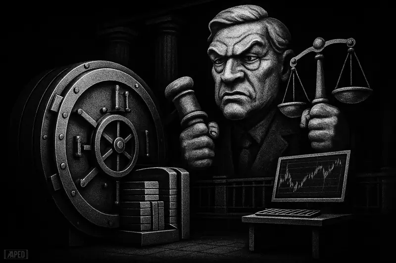 A grayscale vault and detached trading console sit under a stern marble regulator with scales in a dark, data-grid bank setting.