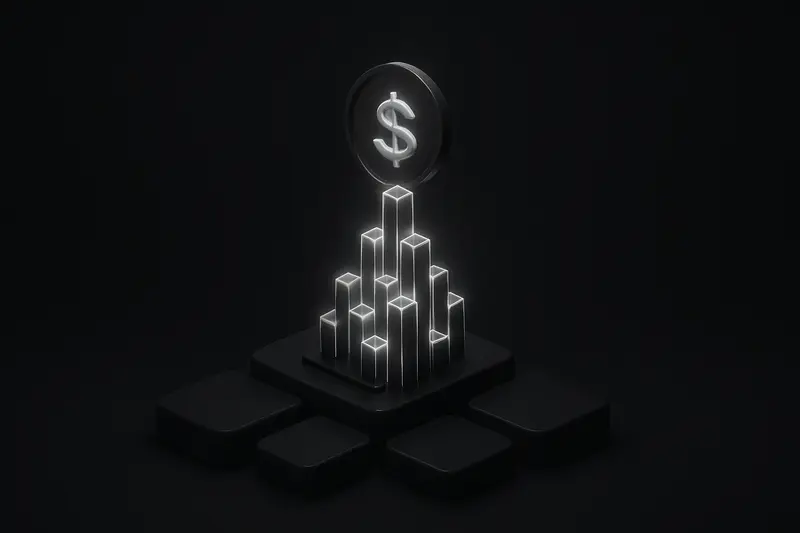 Dark city skyline formed from glowing modular blocks, rising into a luminous coin shape against a black, star-speckled background.