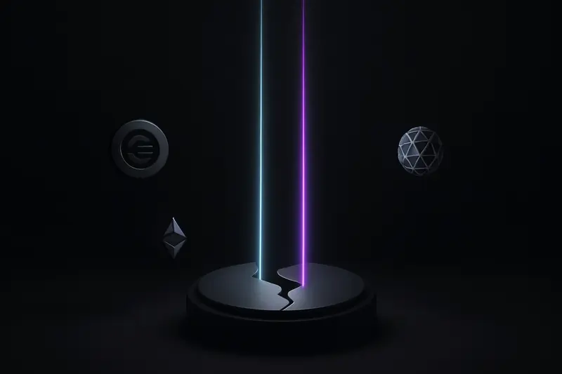 On a black background, a fractured metallic vault glows as two neon beams surge upward amid floating digital particles.