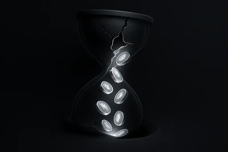 A cracked glass hourglass spills glowing coin-like particles into a swirling black vortex against a dark, smoky background.