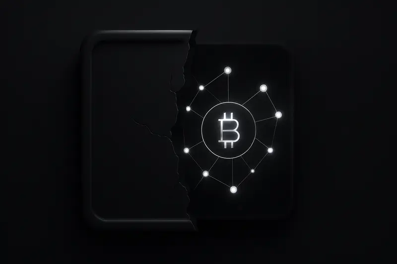 A dark background with a web of neon nodes and lines behind a cracked, partially eroded wall-like barrier.
