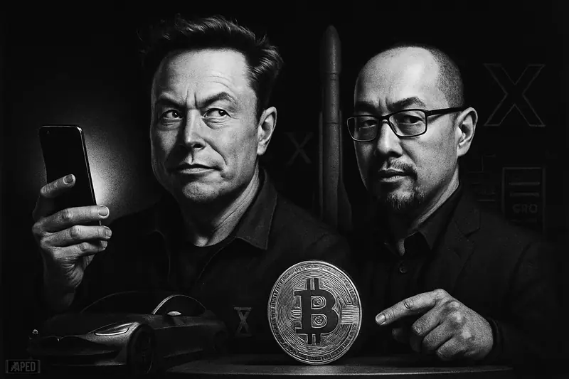 Elon Musk and Samson Mow as photorealistic caricatures in a dark grayscale scene, with a bitcoin and tech-industrial symbols surrounding them.