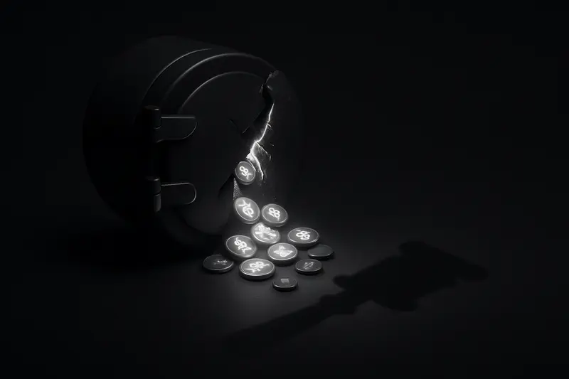 Black steel vault with cracked door spilling glowing orange coins, a looming gavel-shaped shadow on a dark background