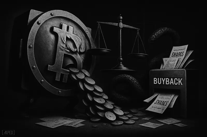 A dark grayscale treasury vault spills bitcoin-like discs into a buyback machine beside a tipped balance scale and scattered ledgers.