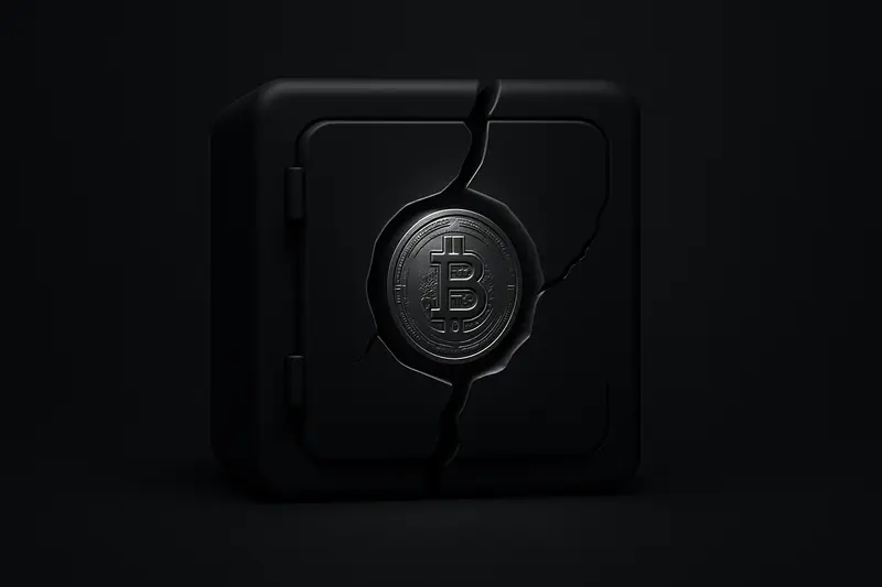 Cracked black vault with a bright golden core spilling glowing coins, sharp shards and tension lines on a dark background.