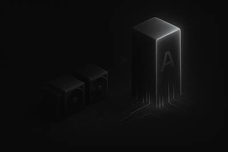 Dark mining-rig silhouettes dissolve into towering server racks, with orange coin-like sparks fading into cool blue GPU light.