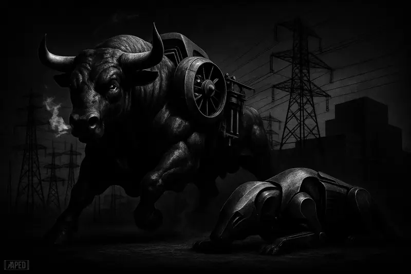 A muscular power-themed bull charges past a slumping server-like beast, with substations and data centers fading into a dark grid background.
