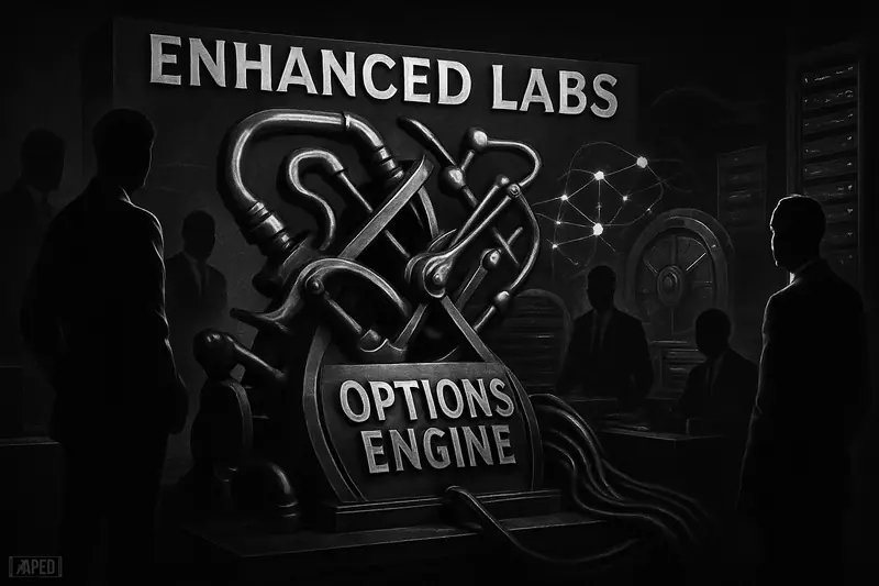 A dramatic grayscale trading laboratory with an oversized options machine, investor silhouettes, and DeFi network elements against a dark data-grid background.