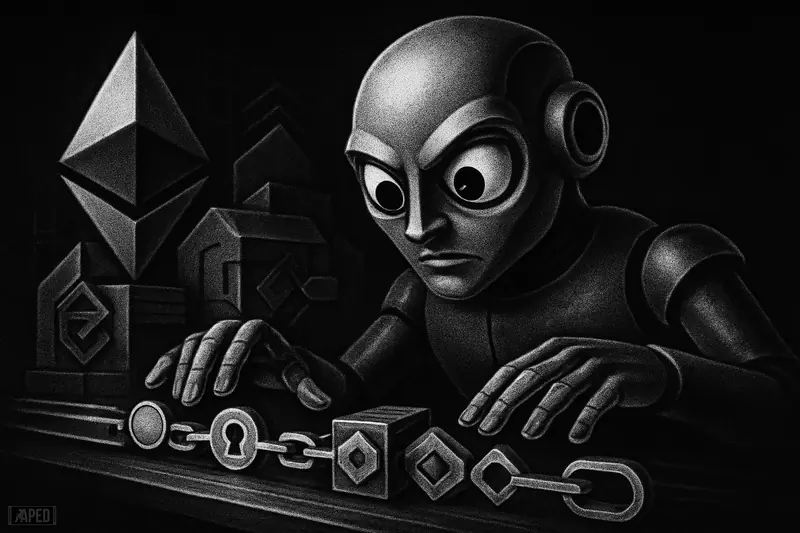 A robotic AI agent orchestrates interconnected DeFi mechanisms and automated transaction pathways in a dark monochrome, cinematic futuristic scene.
