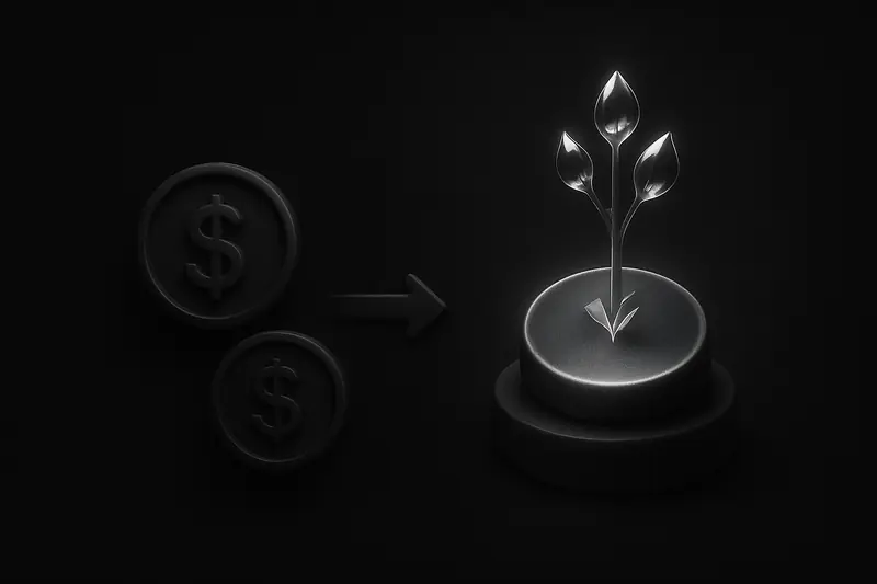A luminous silver coin on a black background, shedding tiny crystalline droplets that form a rising arc of light.