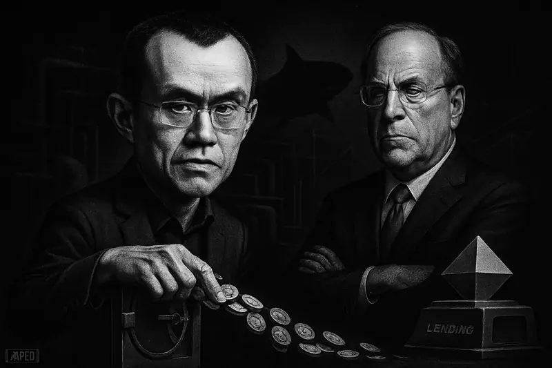Chun Wang guides a shadowy crypto flow toward a lending structure while Larry Fink watches, with a whale silhouette in a dark grayscale data-grid scene.