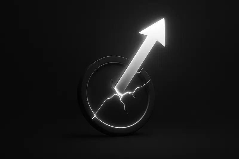 On a black background, a bright green upward arrow pierces a glowing coin halo with hairline cracks and drifting particles.